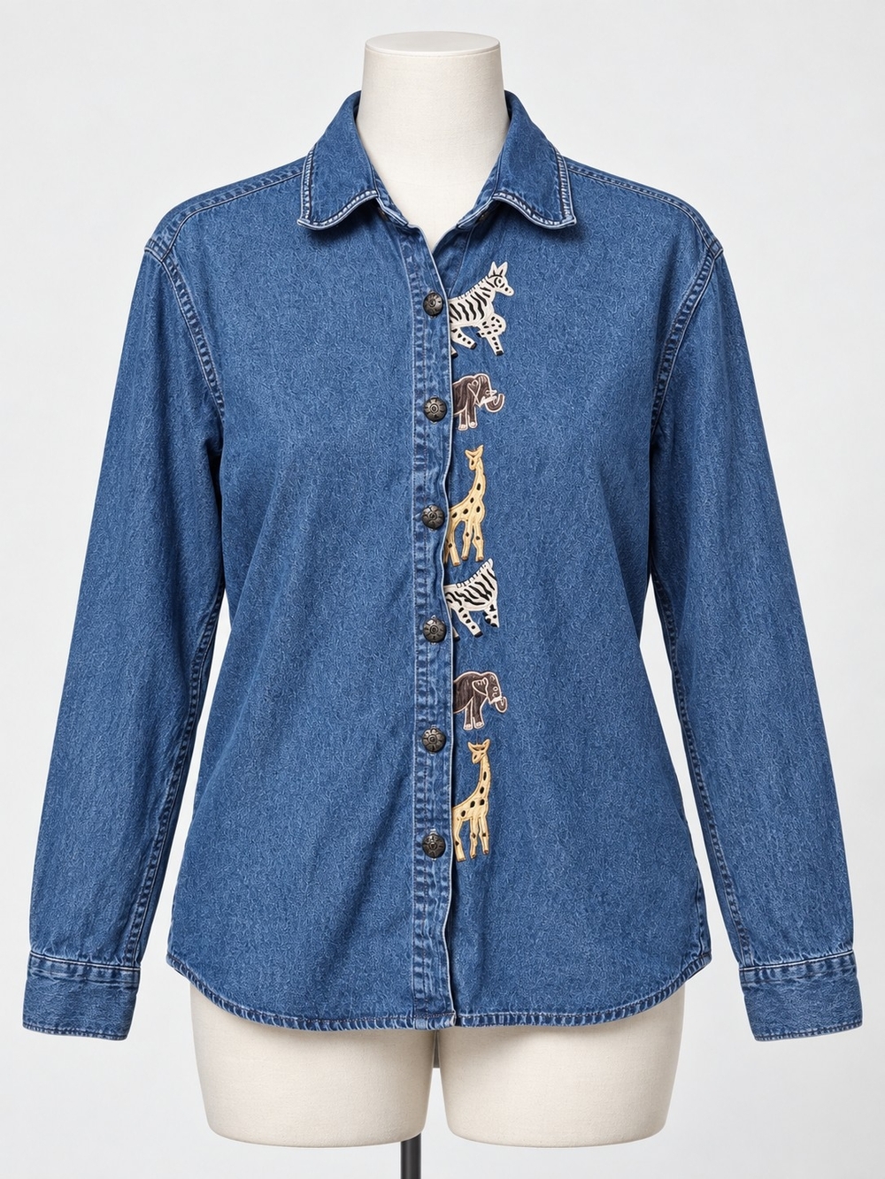 Vintage Life Style Denim Shirt Womens M Safari Animals Embroidered Shacket